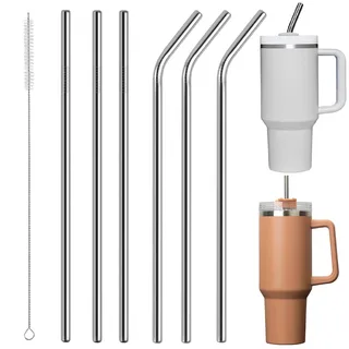 LAIYORA 304 Edelstahl Strohhalme 6 Stück Gerade und Gebogen Wiederverwendbare Trinkhalme Edelstahl 31cm Lange Metall Strohhalme mit Reinigungsbürste Ideal für Bubble Tea Cocktails Smoothie Säfte