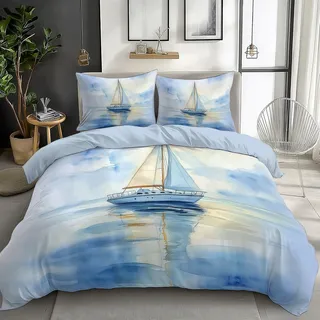 Bettwäsche-Set 135 x 200 cm mit Aquarell Segelboot Drucken, Bettdeckenbezug mit Reißverschluss - Hypoallergen für Mädchen Teenager und Erwachsene - Hellblau mit Kissenbezug 80 x 80 cm, 3-teilig