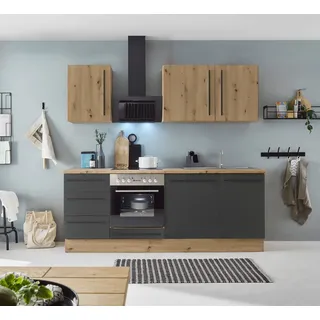 Kochstation Küchenzeile KS-Florida mit 38mm starker Arbeitsplatte, Breite 220 cm, wahlweise mit E-Geräten, Soft-Close-Funktion schwarz