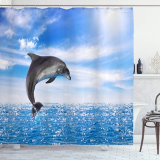 OCEUMACO Duschvorhang 3D Delphin Meer 240x200 Ocean Tiere Motiv Shower Curtains Textil Antischimmel Wasserdicht Duschvorhänge Badewanne Stoff Waschbar Extra Breit Vorhang mit Haken - Blau 3
