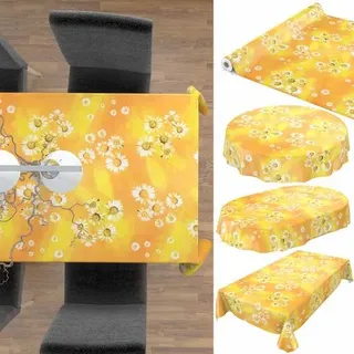 ANRO Tischdecke Kamille Gelb 180 x 140 cm oval mit Paspelband Wachstuch abwaschbar