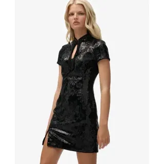 Superdry für Damen. W8012036A Mandarin Pailletten Minikleid schwarz (S), Lässig, Party, Polyester, Kurzarm