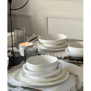 Zoha Teller-Set Perlemor weiß - Skandinavisches Design, Teller Set spülmaschinenfest (24-tlg), 6 Personen, Hochwertiges Steingut, Mikrowellenfestes & Kratzbeständiges Geschirrset für Zuhause & Events weiß
