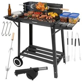 Kaminer Holzkohlegrill Gartengrill Drehspieß Holzkohlegrill, Spar-Set, Warmhalteplatte, Alle Roste und der Spieß sind speziell beschichtet schwarz