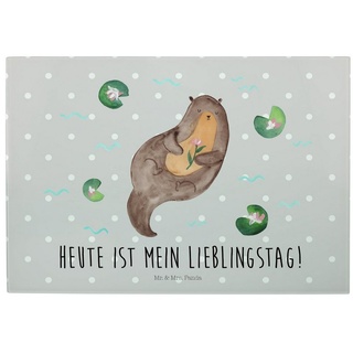 Mr. & Mrs. Panda Servierbrett Otter mit Seerose - Grau Pastell - Geschenk, Frühstücksbrett, Otter S, Premium Glas, (1-St) grau