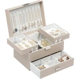 Schmuckkästchen 3 Ebenen PU Leder Geschenkbox Mädchen Champagnerfarben