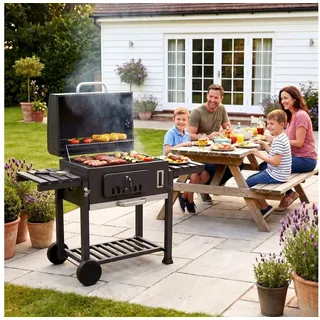 TLGREEN Holzkohlegrill Standgrill 152x136x60 cm, BBQ Grillwagen Holzkohle, Kohlegrill Groß mit Deckel, Rädern, Thermometer und Schornstein, Grillwagen xxl, BBQ Grill mit Deckel & Rädern, Smoker für Camping grau