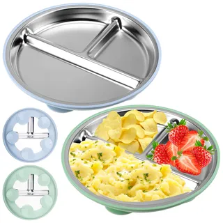 2 Stück Edelstahl Baby Teller mit Saugnapf, 22CM Kinderteller mit Saugnapf