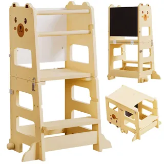 Yorbay Lernturm ab 1 Jahr Klappbar 3 in 1 Montessori Learning Tower Robust | Tolle Qualität für Kinder mit Tafel - Tritthocker Verwandelbar in Kindertisch Lernstuhl - für Küche Bad und Kinderzimmer