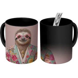 MuchoWow Tasse Faultier - Blumendruck - Brille - Rosa, 1-tlg., Keramik, Farbwechsel, Kaffee Tassen, Teetasse, Zaubertasse, Geschenk
