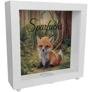 Neugieriger Fuchs im Wald - Rahmen Spardose aus Holz - Sparfuchs - Illustration mit Bäumen und grünem Laub orangefarbenes Fell und Schwarze Details