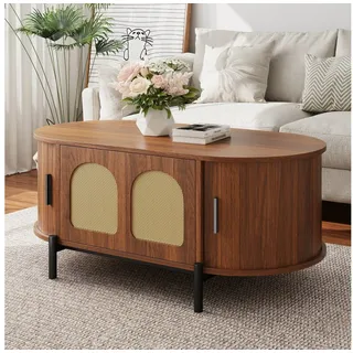 Merax Couchtisch Oval Sofatisch Skandinavisch Beistelltisch mit Rattan-Oberfläche (100 x 50 x 40 cm, 1-St), Wohnzimmertisch mit Klapptür, 2 Schiebetüren, Stauraum & Metallbeine braun