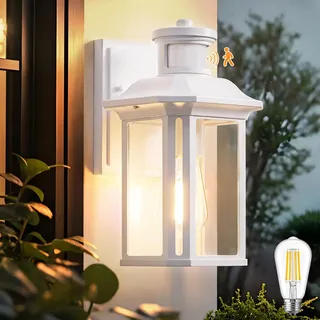 CELAVY Außenleuchte Außenlampe mit Bewegungsmelder Vintage, 1x LED Lampe | Aussenlampe mit Dämmerungssensor, Retro Wandlampe Wandleuchte Aussen, Außenbeleuchtung Laterne Dämmerungsschalter, Weiß