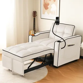 Merax Ausziehbares Sofa mit Schlaffunktion, Bequemer Schlafsessel mit Getränkehaltern und Handyhalter, mit 3 Neigungswinkel, 83L x 167B x 76H cm, Beige