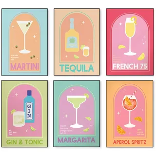 Dermalyx 6 Stück Buntes Retro Cocktail Poster, Leinwand Wandkunst, Lustiger Alkohol Wein Glas Druck, Aesthetic Wanddekoration, Ungerahmt, Retro Bar Poster Set 20x25 cm