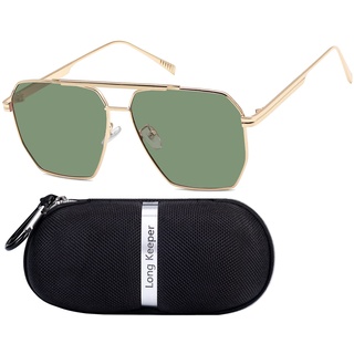 Long Keeper Polarisierte Sonnenbrille für Damen Herren Retro Quadratisch Pilot Sonnenbrille Übergroßer Metallrahmen Klassische Vintage Sonnenbrille UV400 Schutz, Grüne Gläser mit goldfarbenem Rahmen