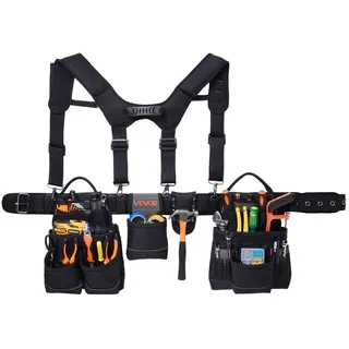 Vevor Werkzeuggürtel, Handwerkergürtel mit 19 Taschen & Hosenträgern, Werkzeughalter, Hammerhalter für Elektriker, Schreiner & Bauarbeiter, Schürzenorganizer, verstellbar von 800 bis 1310 mm