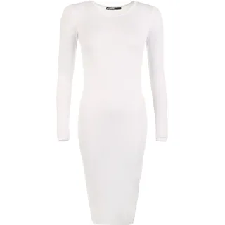WearAll - Damen Bodycon Elastisch Schmucklos Dress Lange Ärmel Rundhalsausschnitt Midi Kleid - Weiß - 40/42 - 40