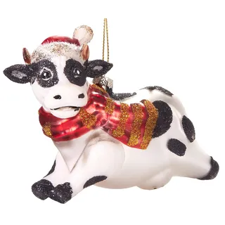 BRUBAKER Kuh Weihnachtskugel aus Glas mit Weihnachtsmütze und Schal | Handbemalt & Mundgeblasen - Bauernhof Christbaumschmuck Figuren lustig Deko Anhänger Baumkugel - 11 cm