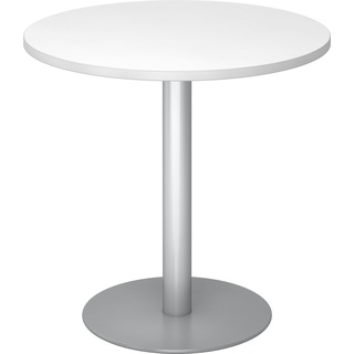bümö Besprechungstisch, Esstisch klein, Tisch rund 80 cm - kleiner Esstisch weiß, Rundtisch Esstisch 2 Personen mit Holz-Platte, Säule aus Metall in