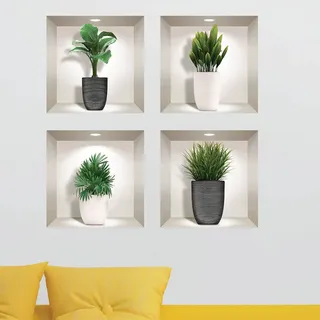 3D-Wandtattoo, selbstklebend, 3D-Effekt, Pflanzen in den Töpfen, Wandtattoo, Schlafzimmer, Wandaufkleber, 3D-Deko, Wohnzimmer, Wandaufkleber, Trompe-Auge, 60 x 60 cm