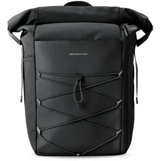 Kapten & Son Rucksack Yoho All Black 24-30 L | Rolltop Rucksack Damen & Herren Schwarz | Handgepäckrucksack mit 14 Zoll Laptopfach & seitlicher Öffnung | Backpack ideal für Reisen, Uni, Arbeit, Sport - 24-30 L