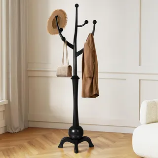 Bekrvio Vintage Stehender Garderobenständer aus Massivholz, 180cm Kleiderständer Holz mit 8 Haken, Stabiler Gummibaum Holz Garderobe mit 75kg Gesamtlast für Eingangsbereich, Schlafzimmer Schwarz