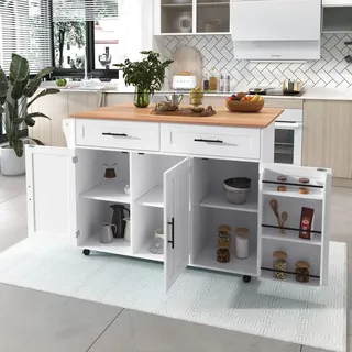 Flieks Servierwagen Kücheninsel mit 2 Schubladen, Küchentrolley Speisewagen mit Klappbar Arbeitsplatte, Küchenwagen mit Regal, 129x46-71x91.5cm,... - Weiß