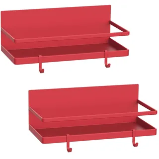 Magnetisches Gewürzregal, Thipoten, starkes magnetisches Regal mit 2 abnehmbaren Haken, perfekter Platzsparer für kleine Küche/Wohnung, toller Metallschrank für Gewürze, Gläser, Beve (rot, 2er-Pack)