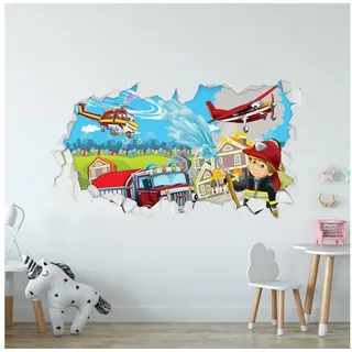 GRAVURZEILE Wandtattoo im Feuerwehr Design - Kinderzimmer -Wandsticker Wandaufkleber - (3D Wanddurchbruch & Deko, - Größe 115 x 70 cm), - V3 bunt