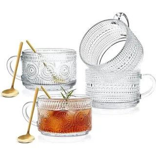 Famanu Kaffeetassen Set 4 Stück - Vintage Design, 350 ml, mit Löffel