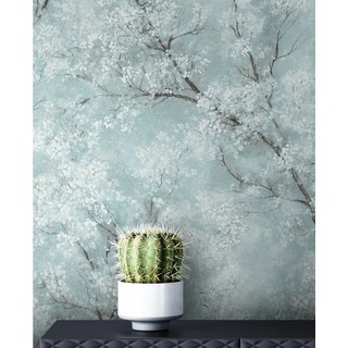 Newroom Vliestapete Bene Muster 1, Blau Tapete Leicht Glänzend Floral - Blumentapete Mustertapete Türkis Weiß Baum Modern für Schlafzimmer Wohnzimmer Küche blau