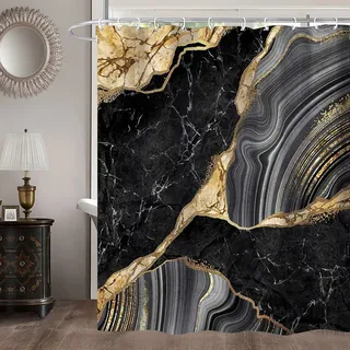 Duschvorhang 180x180 Marmor, Wasserdicht Anti Schimmel Duschvorhänge 3D Schwarzes Gold, Shower Curtains Waschbar mit 12 Ringe, Duschrollo für Badewanne, Dusche Badezimmer
