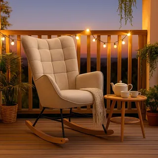 MEUBLE Cosy Schaukelstuhl Garten, Relaxsessel für überdachte Terrasse und Balkon, Skandinavisches Design mit Holz und Metallfüßen, Stoff Nicht wasserdicht