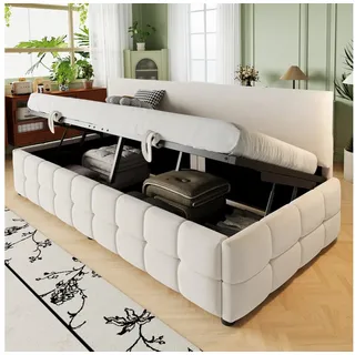 STILVORA Schlafsofa 90x200 mit Bettkasten,Tagesbett Daybett mit Lattenrost,Samtstoff, mit hydraulischem Stauraum, Rückenlehne ohne Armlehnen, klassisches Karomuster, Samtbezug 90x200 cm, ohne Matratze beige