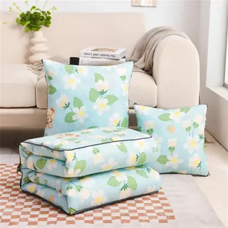 Hixingo Reisedecke und Kissen 2 in 1, Reisedecke mit Kissen Set Multifunktionale Reise Decke und Kissen 2 in 1 Weichem Flugzeug Verwandlungskissen für Urlaub, Camping (40 * 40cm,Grünes Blatt)