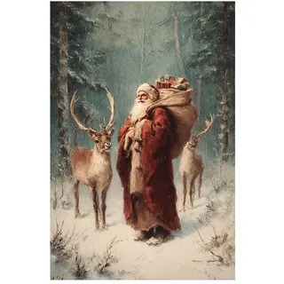 DunPei Weihnachtsbild auf Leinwand Weihnachtsmann und Hirsch Großes Weihnachtsmotiv Geschenken, Wanddekoration für Wohnzimmer als Weihnachtsdeko(Grün)-50x70cm Ungerahmt