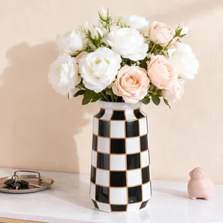 Schwarze und weiße Keramikvase, Mitte des Jahrhunderts, moderne karierte Vasen für Blumen und Pampasgras, Tafelaufsatz, schwarz-weiß karierte Vase für Esstisch, Küche, Tischplatte, minimalistisch