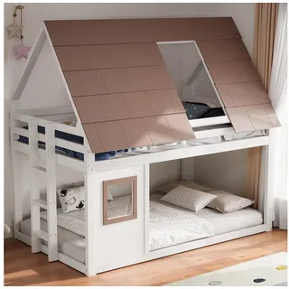 Odikalo Kinderbett Jugendbett Etagenbett 140x200 (Etagenbett aus Holz mit Dach und Leiter) braun