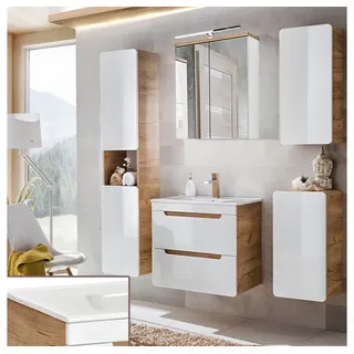 Lomadox Badmöbel-Set LUTON-56, (Spar-Set, 5-St), Hochglanz weiß inkl. 60 cm Keramikwaschtisch B/H/ T 160/200/46 cm weiß 161 cm x 200 cm x 46 cm