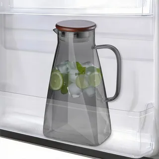 TELANKS 1800ML Wasserkaraffe mit Deckel, Wasserkaraffe für Kühlschranktür, Karaffe für Heiß- & Kaltgetränke geeignet Robuste Glaskaraffe,Grau