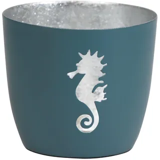Seaside No.64 - Maritime Windlichter Baltic aus Metall mit ausgestanzten Motiven - Verschiedene Farbkombinationen für Teelichter & Stumpenkerzen in Haus und Garten (Seepferdchen - DKL.blau, Silber)