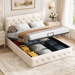 INONEFT Boxspringbett 160x200cm mit lattenrost, polsterbett doppelbett mit hydraulik stauraum, jugendbett bettgestell mit bettkasten, samt beige - Beige