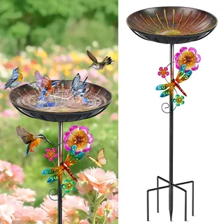 Vogeltränke Stehend 96cm, Vogelbad für Draußen Garten, Metall Futter Schale mit Stabiler 5-Zinken-Basis, Wassertränke für Vögel Vogeltränke Groß Winterfest Frostsicher (Antike Rot-Gelb)