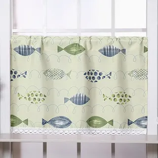BIRLD Kurze Küchengardine Modern Scheibengardine Bistrogardine Für Cafe Zimmer Kleiner Fische Muster Kurzgardine Halbtransparent, Maritimen Motiv (Color : Green, Size : WxH/90x40cm)