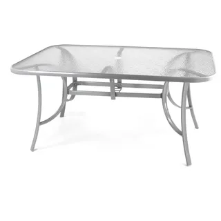 Nexos Trading Gartentisch Esstisch Terrassentisch Glastisch (Glasplatte: klar) – Silber-grau - 150 cm Stahl mit Schirmloch