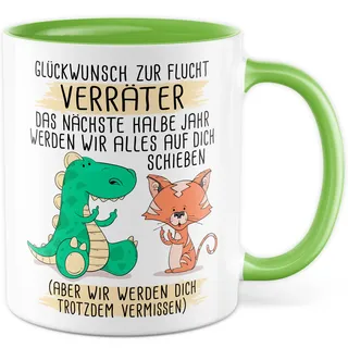 Abschied Tasse Abschiedsgeschenk Kaffeetasse Glückwunsch zur Flucht Spruch lustiger Kaffee-Becher Jobwechsel Kollege Kollegin Kündigung Ruhestand Geschenkidee Rente Geschenk Büro Arbeit (Weiß/Grün)