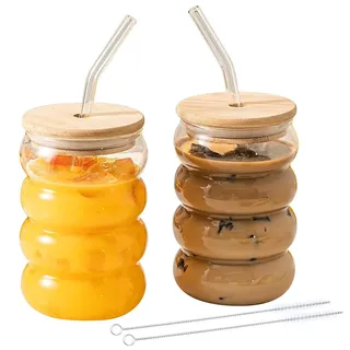 2er Set Bubble Tea Becher, Latte Macchiato Gläser Set, 300ml Trinkgläser mit 2 Deckel, 2 Strohhalm und 1 Bürste, Glasbecher mit Deckel, Eiskaffee Gläser für Ice Coffee, Cocktail, Smoothie Glas, Beer