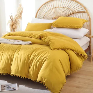 YIRDDEO Yellow Queen Tröster Queen-Set, 3-teilig, Boho-Ball Pom Pom Bettwäsche, ästhetische senfgelbe Schmusetuch-Sets Bettset tiefgelbes Bettwäsche-Set für Damen und Herren (1 Bettdecke 2