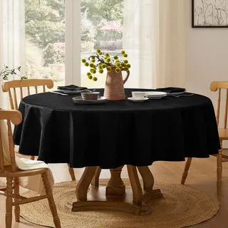Softalker Schwarze Tischdecke rund 120 Abwaschbar Wasserabweisend Abwischbar Fleckschutz Jacquard-Wellenmuster für Outdoor Draußen Gartentisch Party Geburtstag Silvester Weihnachten Garten